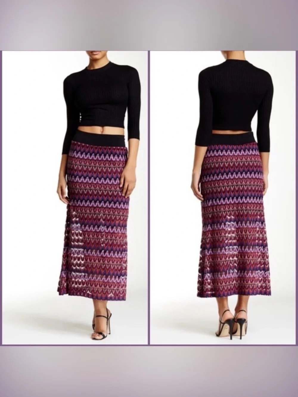 Karen Kane Burgundy-Multi Stretch Crochet Knit Maxi Skirt Sz XS Career Casual